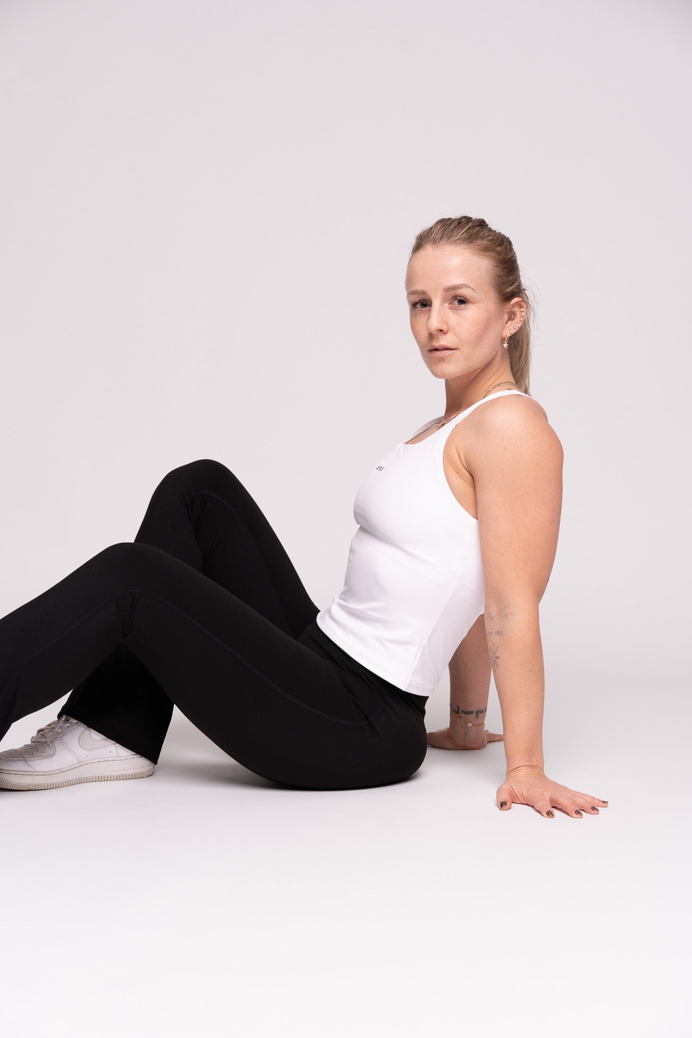 Day Racerback Tennis Tank Top (White) & Day Flare Leggings Shorts (Black)