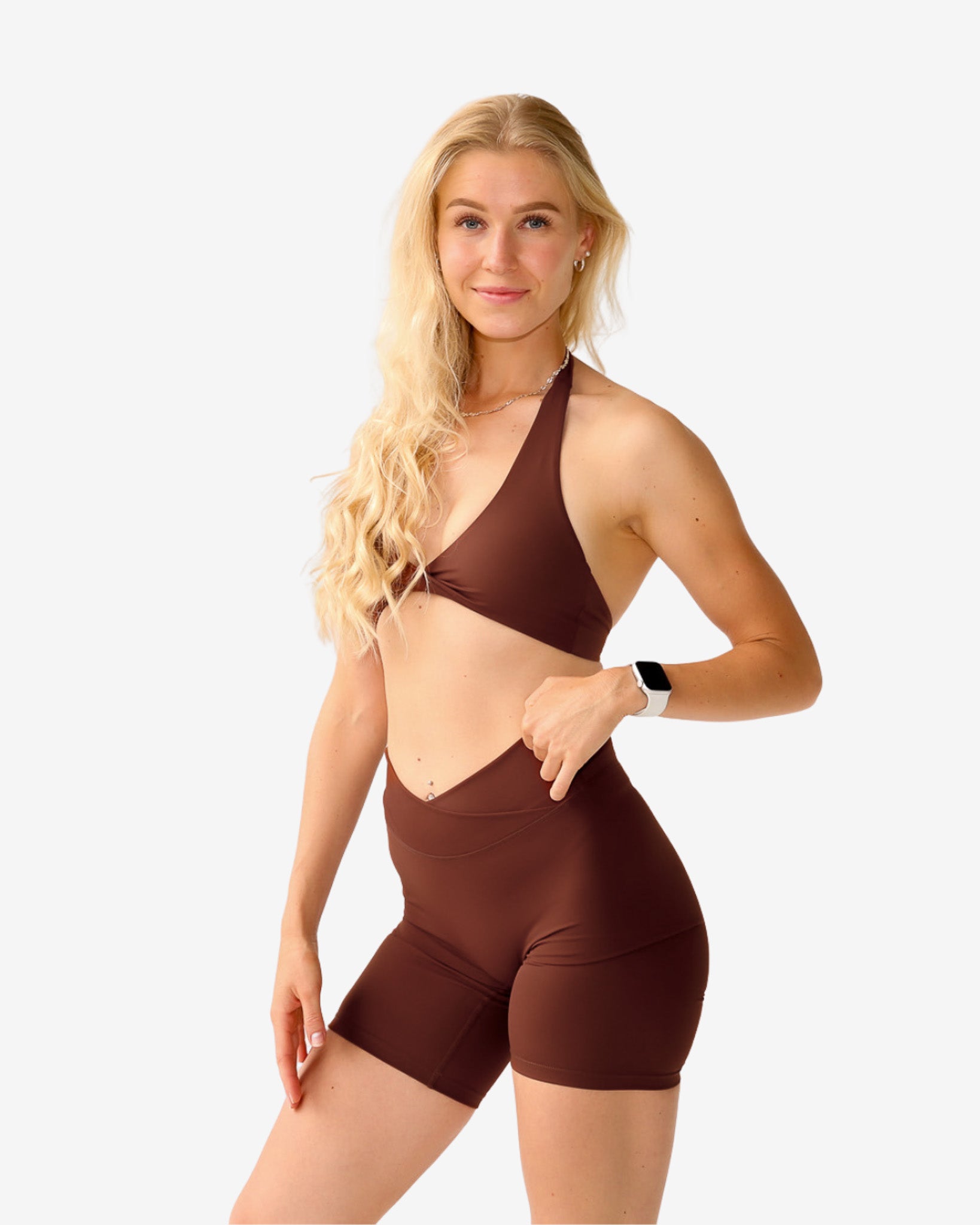 Thrive Halterneck Sports Bra & V-Cut Shorts (Brown)